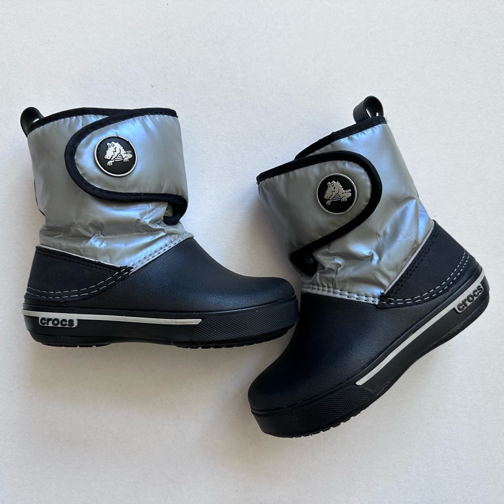 Toddler Crocs boots size 10 Navy Blue and Shiny Blueish/Silver